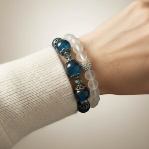 Blue Teal Stretch Bracelet 2 Stack Moonstone Glass Silver Celtic Knot Accents